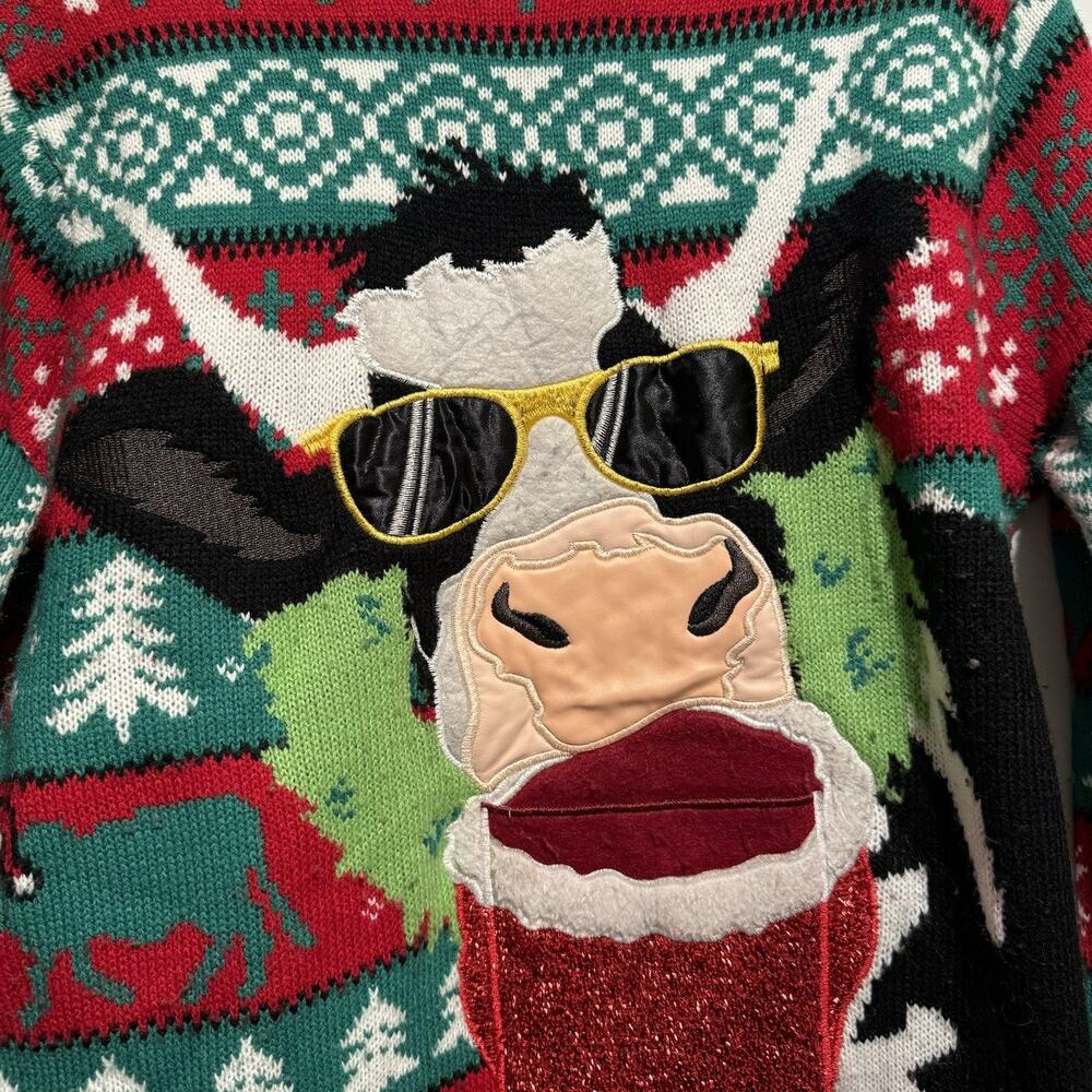 Celebrate Together Cow Christmas Sweater Front Pocket Ugly Christmas Sweater S - Picture 2 of 6
